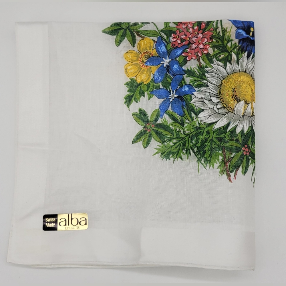 Vintage Swiss Made Alba Floral 100% Cotton Square Handkerchief